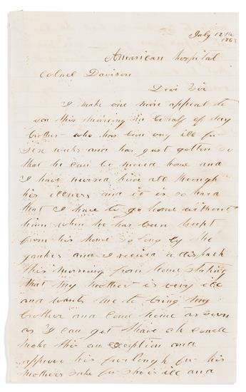 (CIVIL WAR--CONFEDERATE.) Laura V. Arnold. Letter by a patriotic Confederate woman while serving as a nurse to her wounded brother.